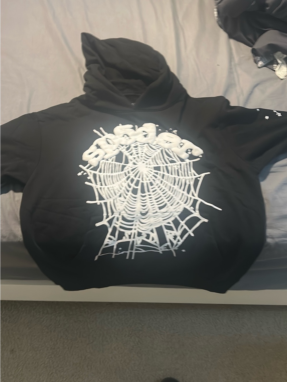 Black Crewneck Sweater with White Spiderweb Graphic